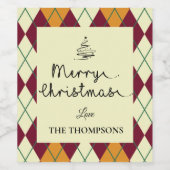 Argyle Oranje Red Script Cute Merry Kerstmis Wijn Etiket (Enkel label)