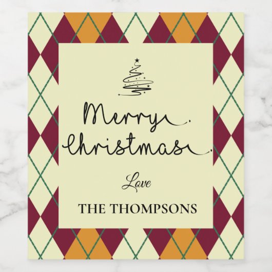 Argyle Oranje Red Script Cute Merry Kerstmis Wijn Etiket (Enkel label)