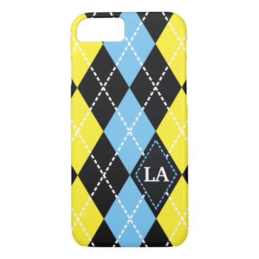 Argyle patroon zwart, geel, blauw monogram Case-Mate iPhone case (Achterkant)
