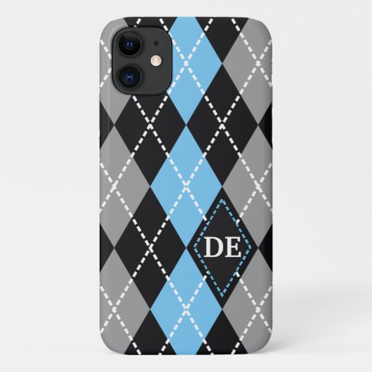 Argyle patroon zwart, grijs blauw monogram Case-Mate iPhone case (Achterkant)