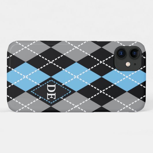 Argyle patroon zwart, grijs blauw monogram Case-Mate iPhone case (Achterkant (horizontaal))