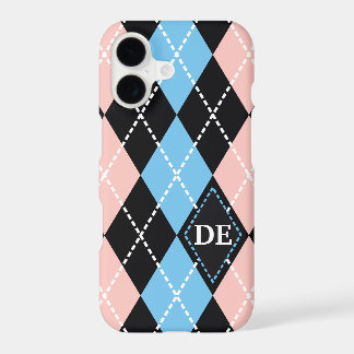 Argyle patroon zwart, grijs en roze monogram