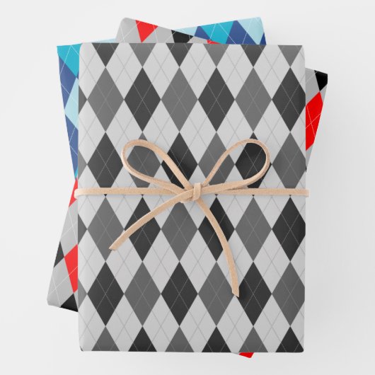 Argyle Pattern Grey Red en Blue Inpakpapier Vel (In situ)