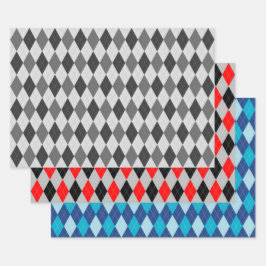 Argyle Pattern Grey Red en Blue Inpakpapier Vel