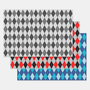 Argyle Pattern Grey Red en Blue Inpakpapier Vel