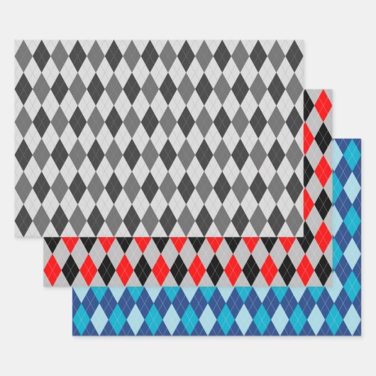 Argyle Pattern Grey Red en Blue Inpakpapier Vel (Set)