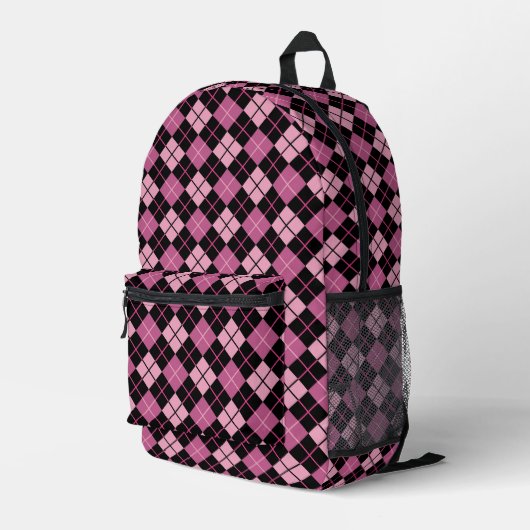 Argyle Pattern in Black en Pink Bedrukte Rugzak (Achterkant Hoek Rechts)