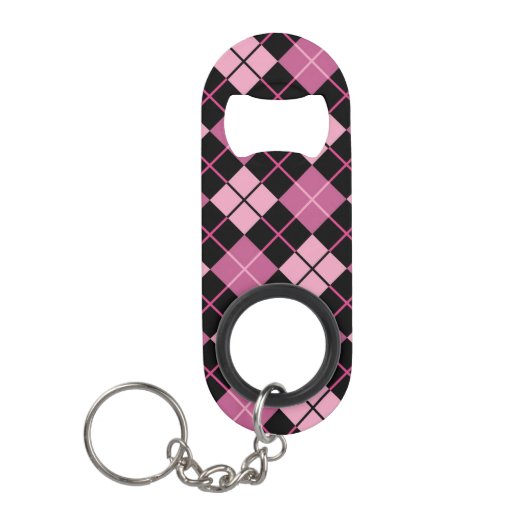 Argyle Pattern in Black en Pink Sleutelhanger Flessenopener (Voorkant)