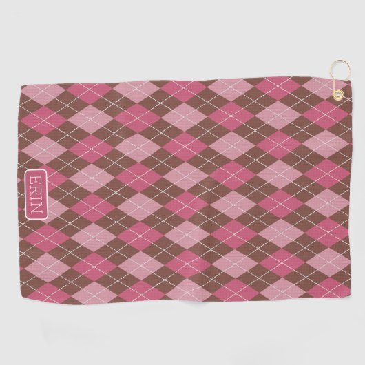 Argyle Pink en Brown met Jouw naam of Initiaal Golfhanddoek (Horizontaal)