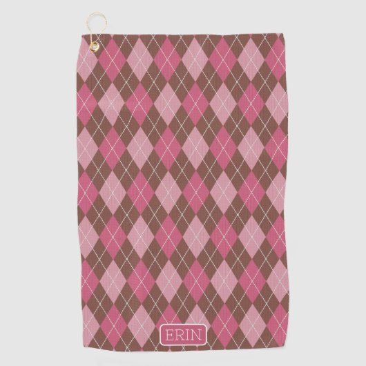 Argyle Pink en Brown met Jouw naam of Initiaal Golfhanddoek (Voorkant)