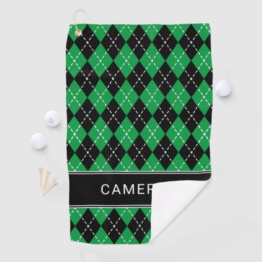 Argyle Plaid Create Custom Name Black Green Golfhanddoek (Insitu)
