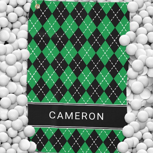 Argyle Plaid Creëer Aangepaste Naam Zwart Groen Golfhanddoek