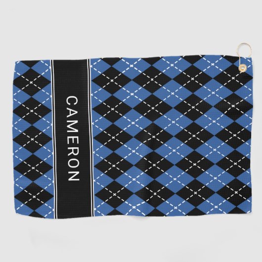Argyle Plaid Custom Create Name Black Blue Golfhanddoek (Horizontaal)
