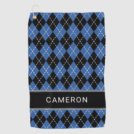 Argyle Plaid Custom Create Name Black Blue Golfhanddoek (Voorkant)