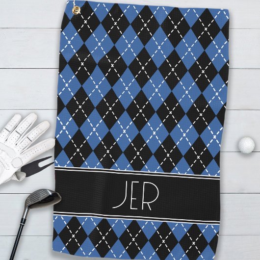 Argyle Plaid Custom Monogram Initialen Zwart Blauw Golfhanddoek