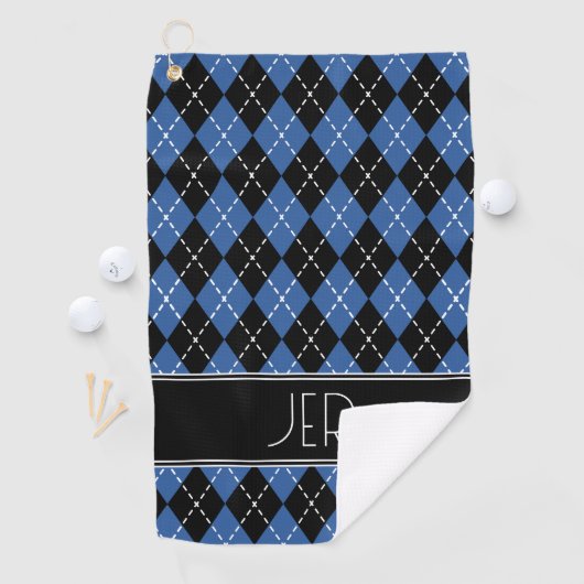 Argyle Plaid Custom Monogram Initialen Zwart Blauw Golfhanddoek (Insitu)