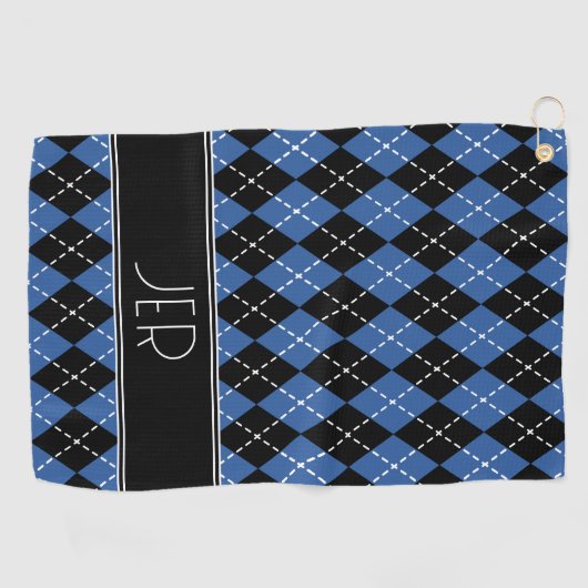 Argyle Plaid Custom Monogram Initialen Zwart Blauw Golfhanddoek (Horizontaal)