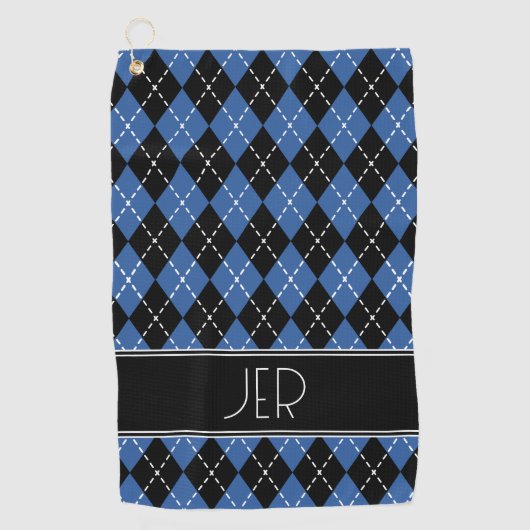 Argyle Plaid Custom Monogram Initialen Zwart Blauw Golfhanddoek (Voorkant)