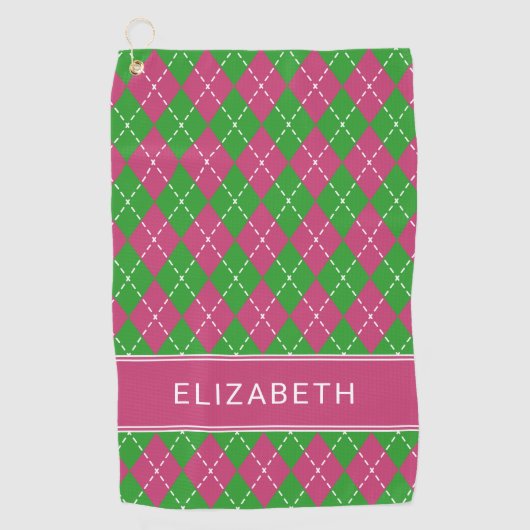 Argyle Plaid Pink Green Custom Name Preppy Golfhanddoek (Voorkant)