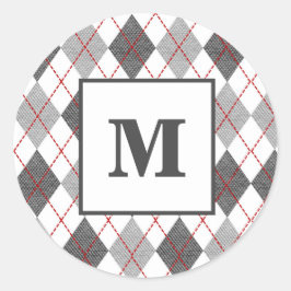 Argyle Plaid Rood Grijs Zilver Aangepast Monogram Ronde Sticker