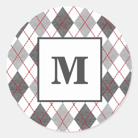 Argyle Plaid Rood Grijs Zilver Aangepast Monogram Ronde Sticker (Voorkant)