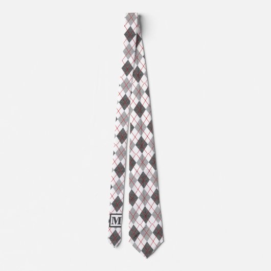 Argyle Plaid Rood Grijs Zilver Aangepast Monogram Stropdas (Achterkant)