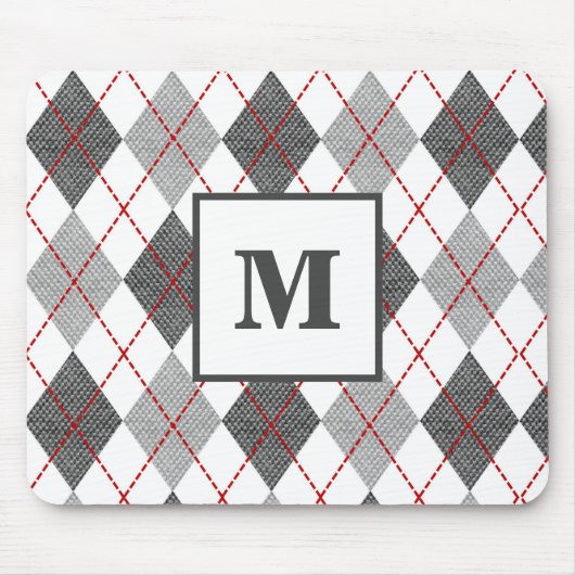 Argyle Plaid Rood Grijs Zilver Monogram Muismat (Voorkant)