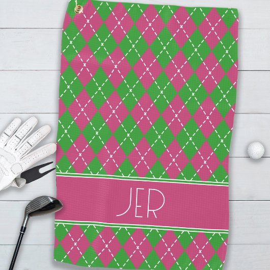 Argyle Plaid Roze Groen Aangepaste Monogram Beginl Golfhanddoek