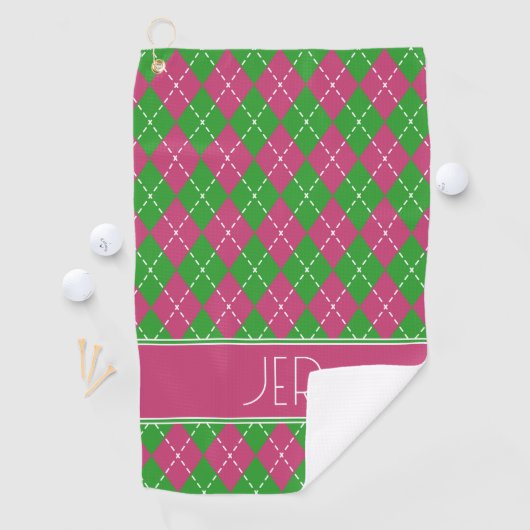 Argyle Plaid Roze Groen Custom Monogram Initialen Golfhanddoek (Insitu)