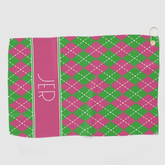 Argyle Plaid Roze Groen Custom Monogram Initialen Golfhanddoek (Horizontaal)