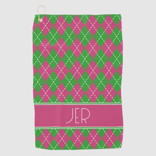 Argyle Plaid Roze Groen Custom Monogram Initialen Golfhanddoek (Voorkant)