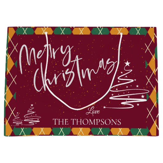 Argyle Red Green Elegant Script Merry Kerstry Groot Cadeauzakje (Voorkant)