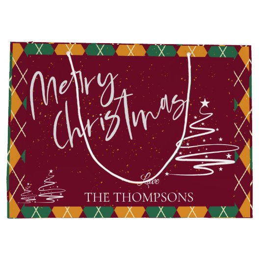 Argyle Red Green Elegant Script Merry Kerstry Groot Cadeauzakje (Achterkant)