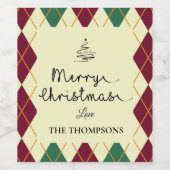 Argyle Red Green Script Cute Merry Kerstry Wijn Etiket (Enkel label)