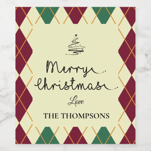 Argyle Red Green Script Cute Merry Kerstry Wijn Etiket (Enkel label)