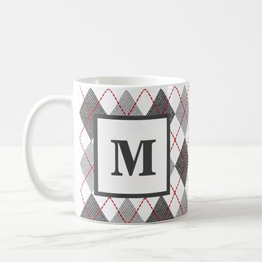 Argyle ruit rood grijs zilver monogram koffiemok (Links)