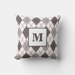 Argyle ruitpatroon rood grijs zilver monogram init kussen