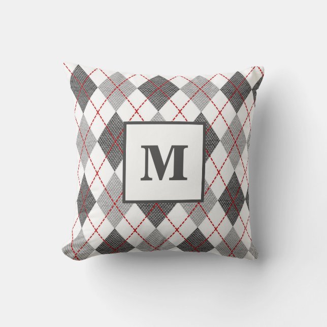 Argyle ruitpatroon rood grijs zilver monogram init kussen (Voorkant)