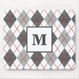Argyle ruitpatroon rood grijs zilver monogram muismat