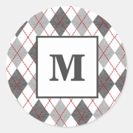 Argyle Schotse Rood Grijs Zilver Aangepaste Monogr Ronde Sticker