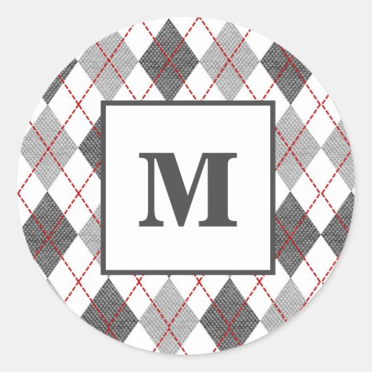 Argyle Schotse Rood Grijs Zilver Aangepaste Monogr Ronde Sticker (Voorkant)