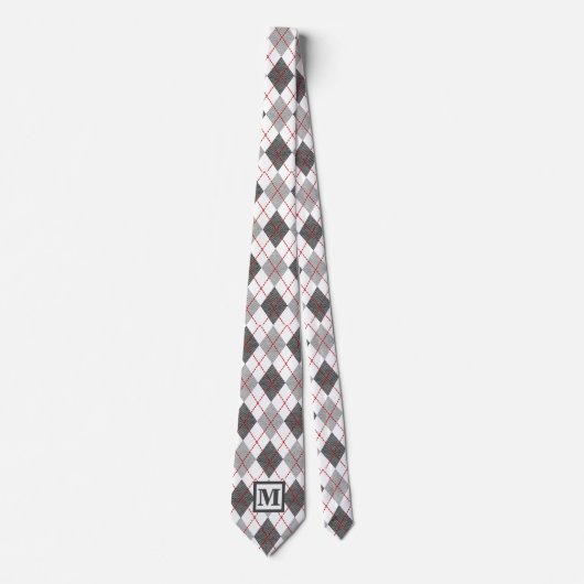 Argyle Schotse Rood Grijs Zilver Custom Monogram Stropdas (Voorkant)