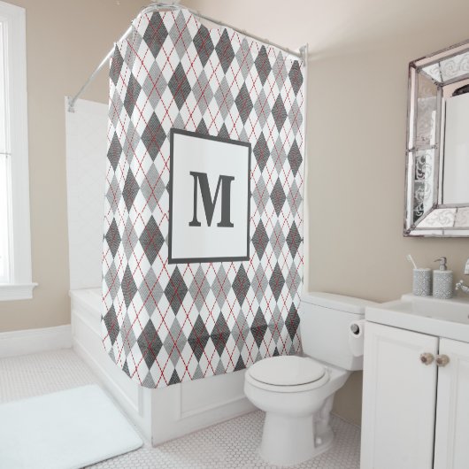 Argyle Schotse Rood Grijs Zilver Monogram Douchegordijn (In situ)