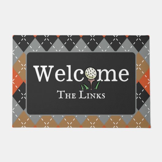 Argyle Sinaasappel Brown en Grey Golf Welkomstverm Deurmat (Voorkant)