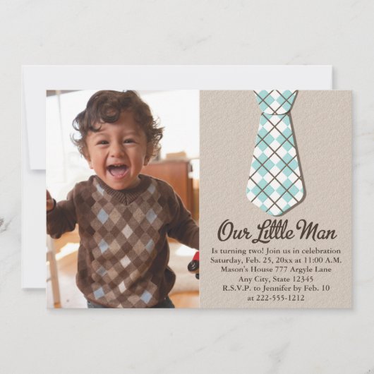 Argyle Stropdas Little Man Photo Birthday Invitati Kaart (Voorkant)