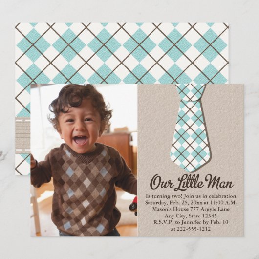 Argyle Stropdas Little Man Photo Birthday Invitati Kaart (Voorkant / Achterkant)