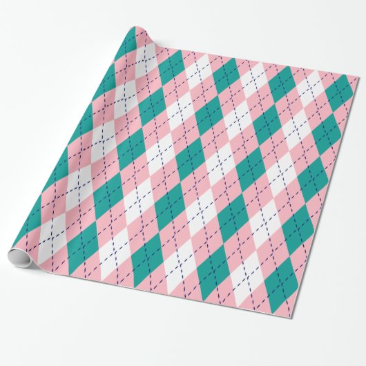 Argyle XL Roze Marineblauw Wit Cadeaupapier (Uitgerold)
