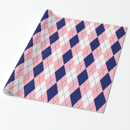 Argyle XL Roze Marineblauw Wit Cadeaupapier (Uitgerold)