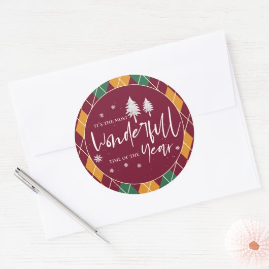 Argyle Yellow Oranje Green Merry Kerstmis Ronde Sticker (Envelop)