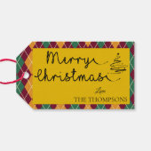 Argyle Yellow Oranje Green Script Merry Kerstmis Cadeaulabel (Achterkant Horizontaal)